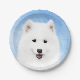Samoyed Puppy Painting - Cute Original Dog Art Paper Plate