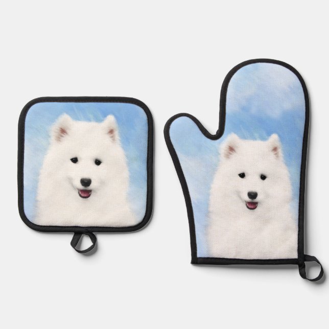 Samoyed Puppy Painting White Cute Original Dog Art Oven Mitt & Pot Holder Set (Front)