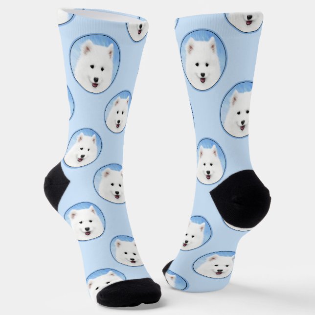 Samoyed Puppy Painting White Cute Original Dog Art Socks (Angled)