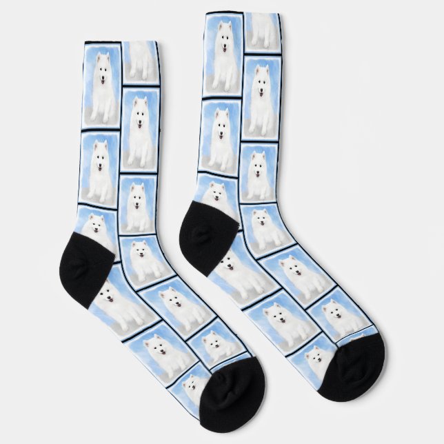 Samoyed Puppy Painting White Cute Original Dog Art Socks (Right)
