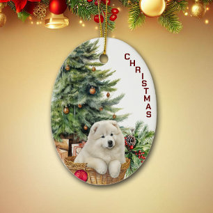 Samoyed Puppy Wicker Basket Christmas Ceramic Tree Decoration