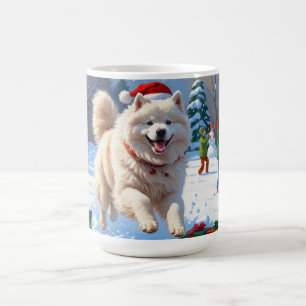 Samoyed Running in Snow with Christmas Hat Coffee Mug