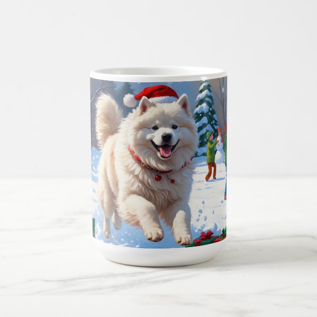 Samoyed Running in Snow with Christmas Hat Coffee Mug (Center)