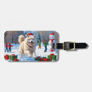 Samoyed Running in Snow with Christmas Hat Luggage Tag