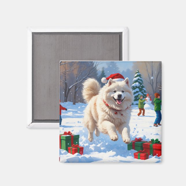 Samoyed Running in Snow with Christmas Hat Magnet (Front/Back)