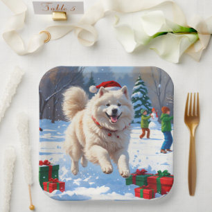Samoyed Running in Snow with Christmas Hat Paper Plate