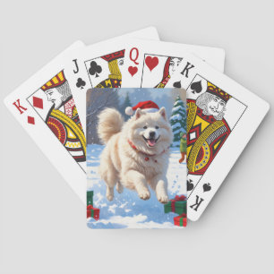 Samoyed Running in Snow with Christmas Hat Playing Cards