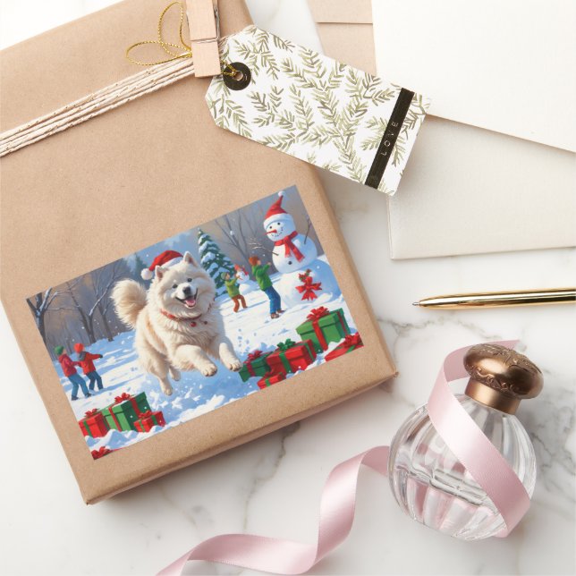 Samoyed Running in Snow with Christmas Hat Rectangular Sticker (Gifting)