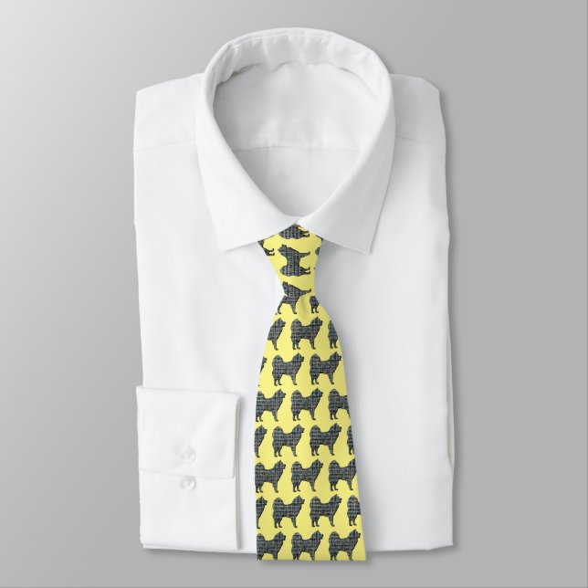 Samoyed Silhouette Dog Yellow & Blue Grid Yellow Tie (Tied)
