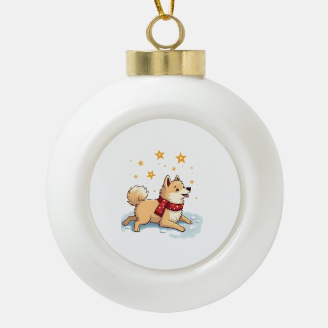 Samoyed Snow Angel Ceramic Ball Christmas Ornament (Front)