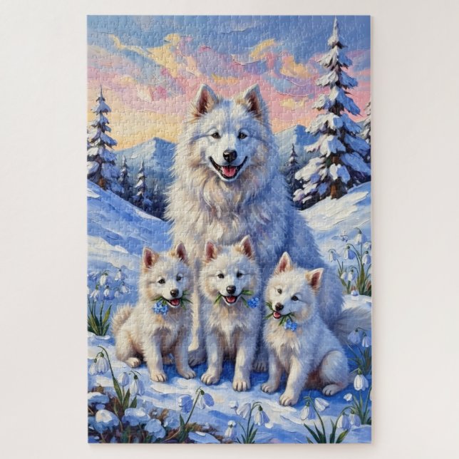 Samoyed Snowdrop Meadow Art Jigsaw Puzzle (Vertical)