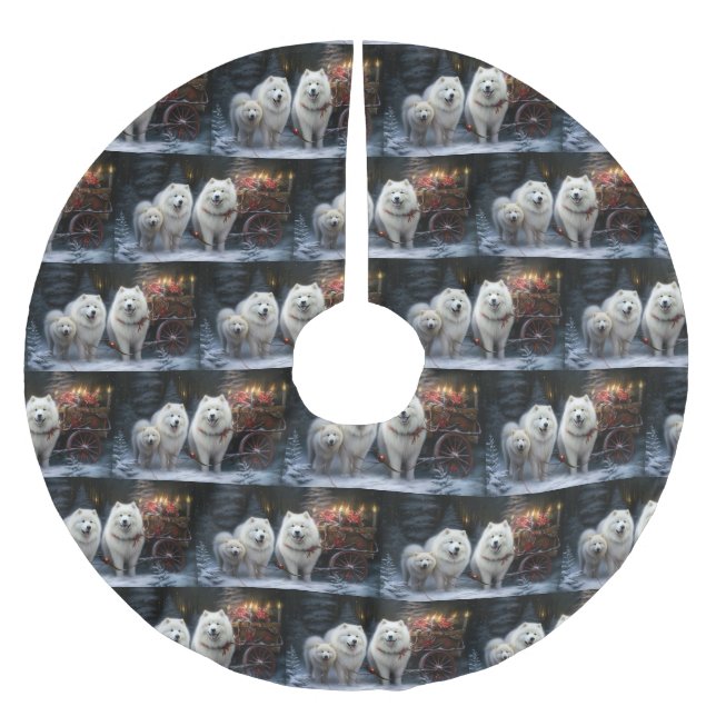 Samoyed Snowy Sleigh Christmas Decor Brushed Polyester Tree Skirt (Front)