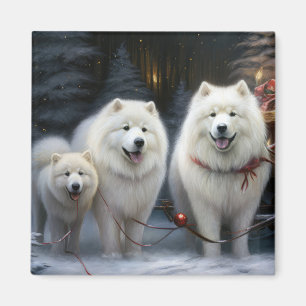 Samoyed Snowy Sleigh Christmas Decor Magnet