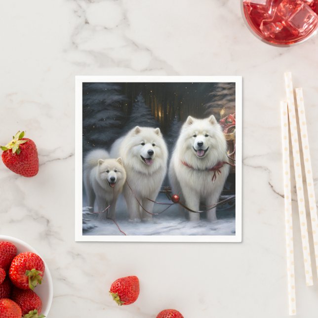 Samoyed Snowy Sleigh Christmas Decor Napkin (Insitu)
