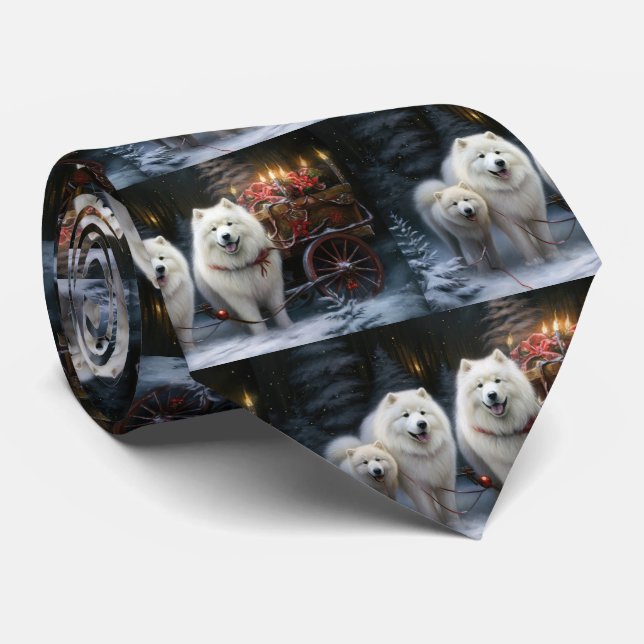 Samoyed Snowy Sleigh Christmas Decor Tie (Rolled)