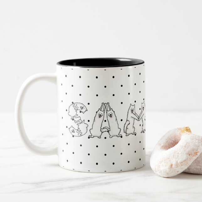 Samoyed Spelled in Samoyed Dog Letters Two-Tone Coffee Mug (With Donut)