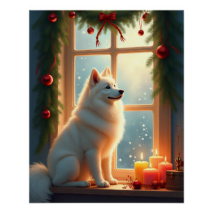 Samoyed Under the Mistletoe Christmas Painting Poster