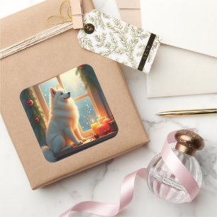 Samoyed Under the Mistletoe Christmas Painting Square Sticker