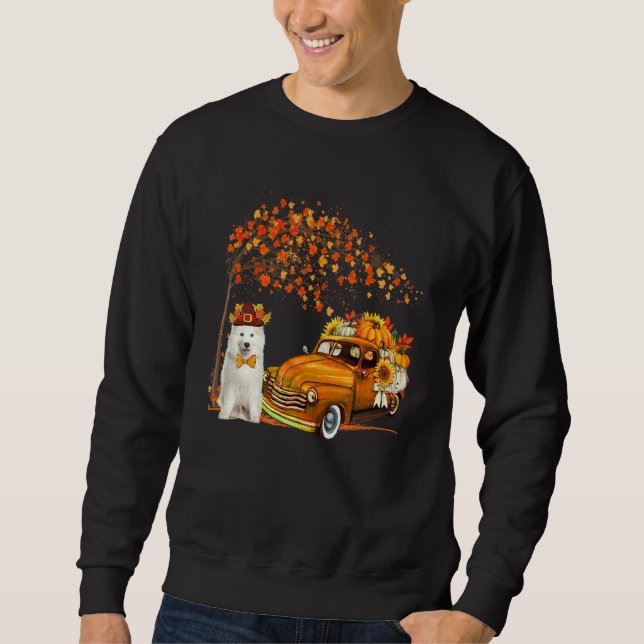 Samoyed Wearing Hat Fall Tree Pickup Truck Carryin Sweatshirt (Front)