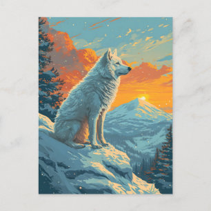 Samoyed winter mountain forest during sunset postcard