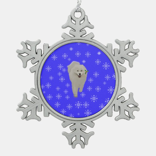 Samoyed with Blue, Snowy Pewter Snowflake Ornament (Front)