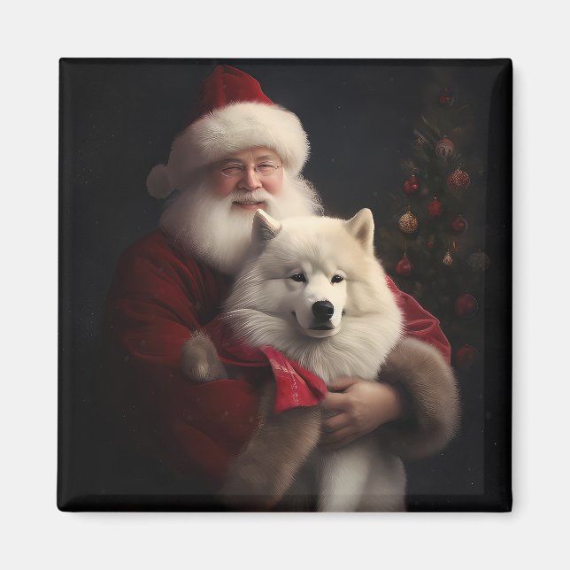 Samoyed With Santa Claus Festive Christmas Magnet (Front)