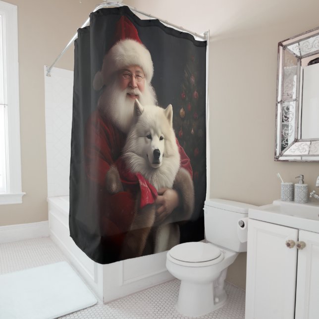 Samoyed With Santa Claus Festive Christmas Shower Curtain (In Situ)