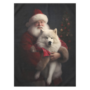 Samoyed With Santa Claus Festive Christmas Tablecloth