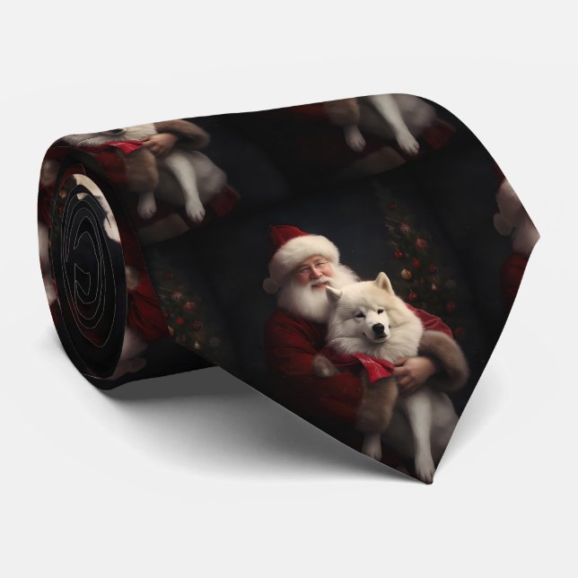 Samoyed With Santa Claus Festive Christmas Tie (Rolled)