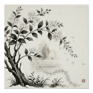 Sampaguita — Philippine National Flower Sumi-e Poster