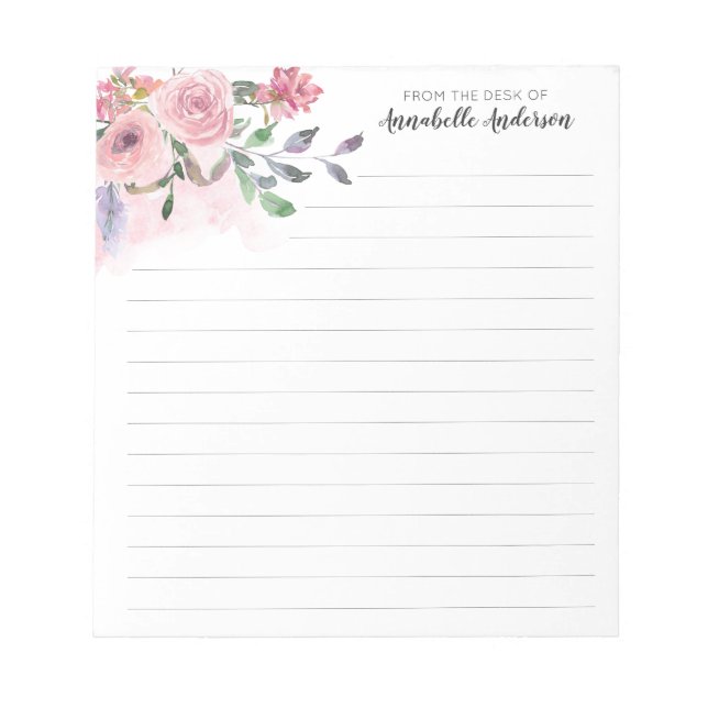 Sample Blush Pastel Pink Floral Watercolor Script Notepad (Front)
