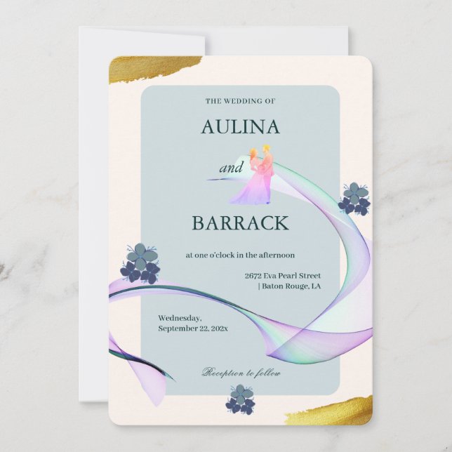 Sample classic golden purple green wedding invitation (Front)