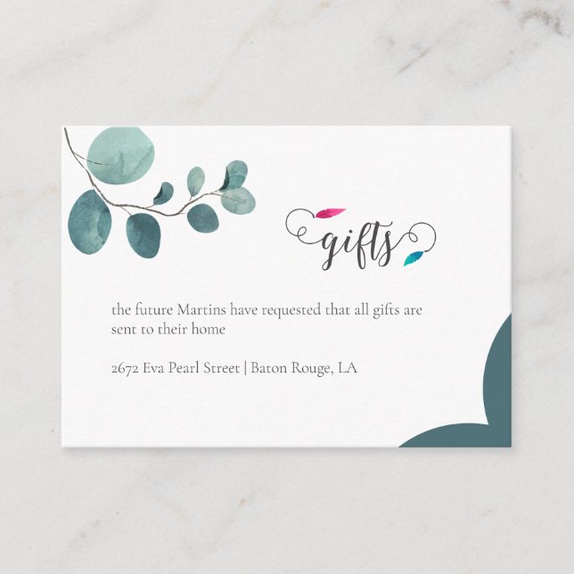 Sample Forest Green Eucalyptus Bridal Shower Gift Enclosure Card (Front)