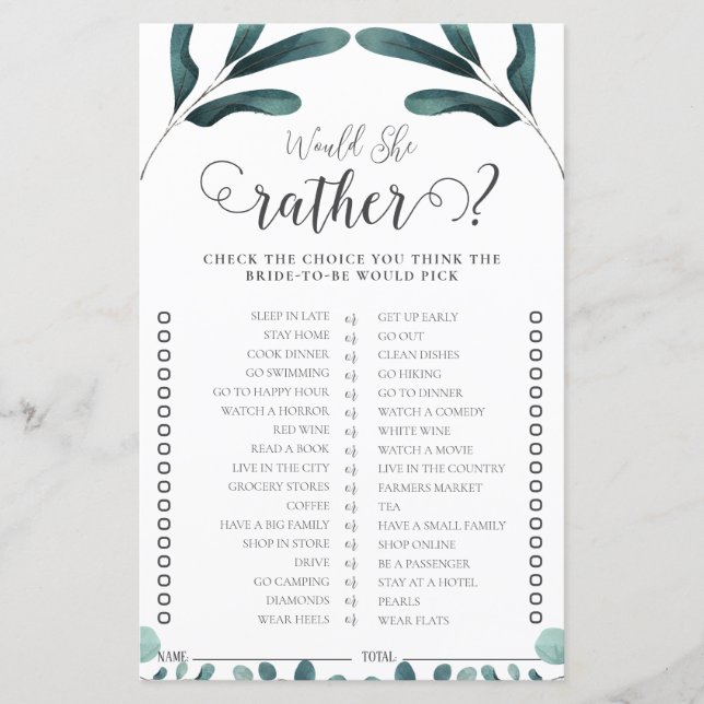 Sample Greenery Eucalyptus Bridal Shower Game (Front)