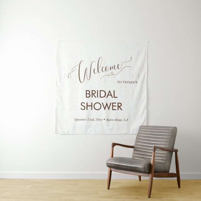 Sample Minimalist Gold Dust Bridal Shower Welcome Tapestry (In Situ)