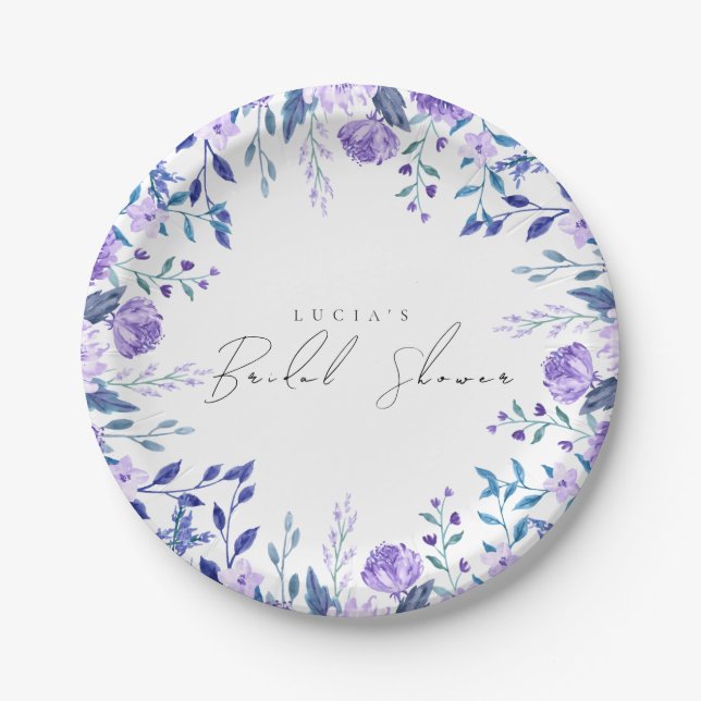Sample Purple Floral Garden Blue Bridal Shower Paper Plate (Front)