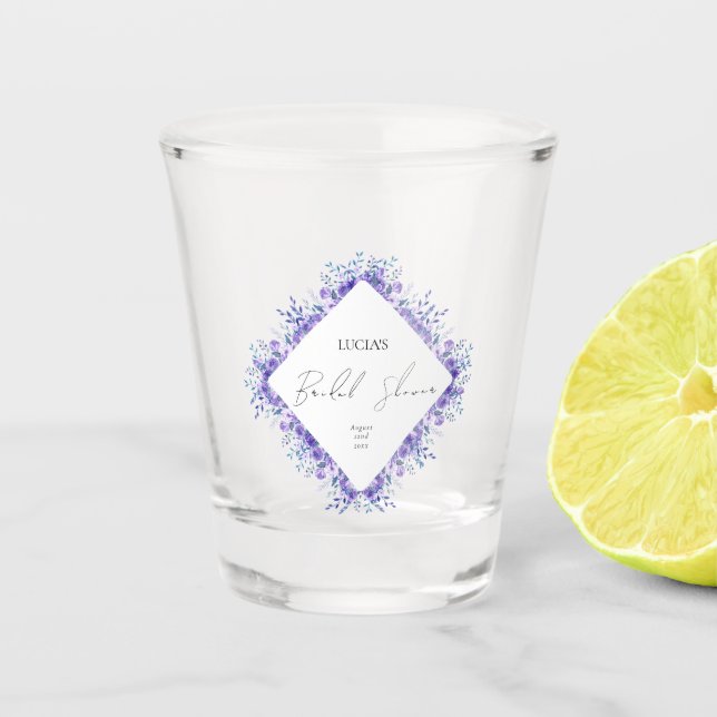 Sample Purple Floral Garden Bridal Shower Shot Glass (Front)