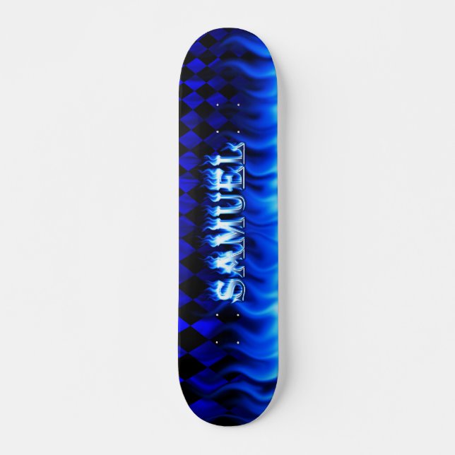 Samuel skateboard blue fire and flames design. (Front)