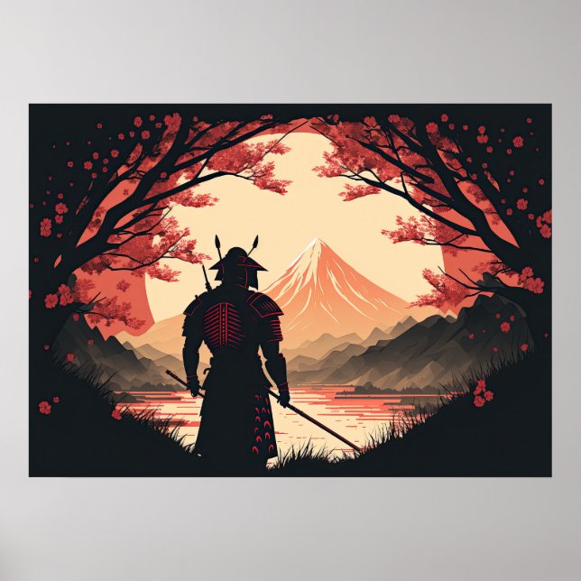 Samurai and Mt. Fuji with Moon and Cherry Blossoms Poster (Front)
