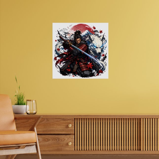 Samurai and White Wolf Mug | Japanese Warrior Fant Poster (Living Room 2)