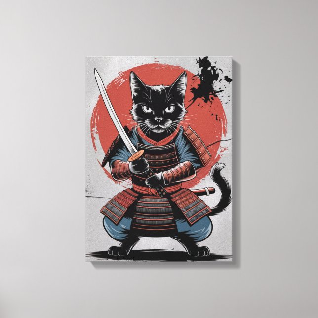 Samurai Armour Warrior Cat Poster, Black Cat Wall  Canvas Print (Front)