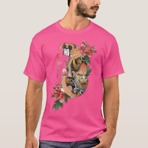 Samurai Boxer Dog Ukiyo E Flowers Japanese Warrior T-Shirt