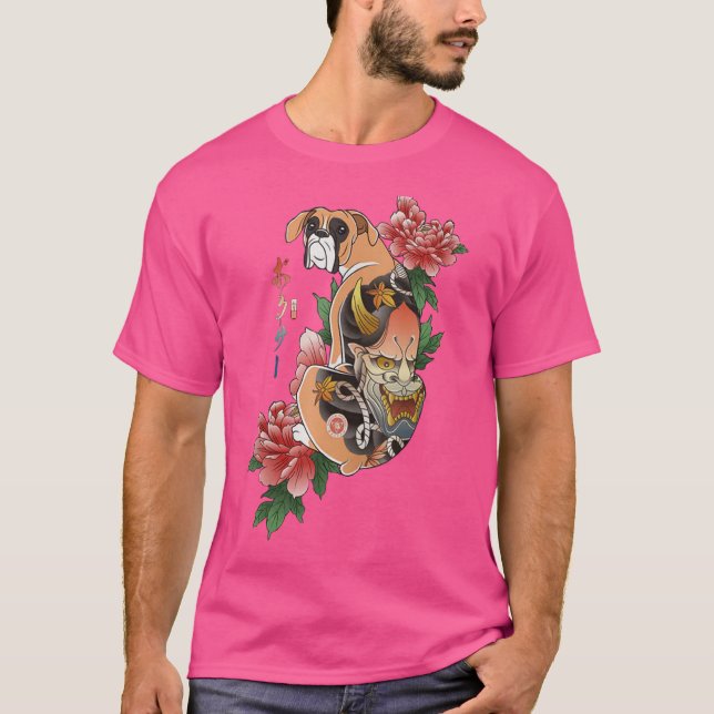 Samurai Boxer Dog Ukiyo E Flowers Japanese Warrior T-Shirt (Front)