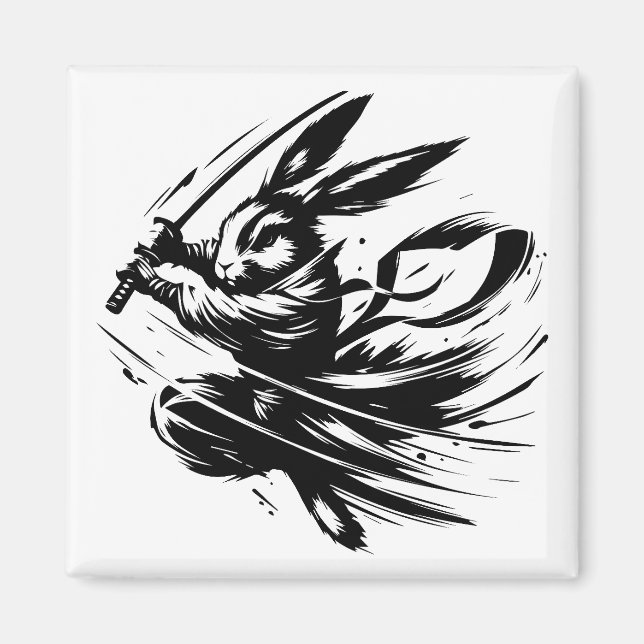 Samurai Bunny Black Ink Warrior Rabbit Magnet (Front)