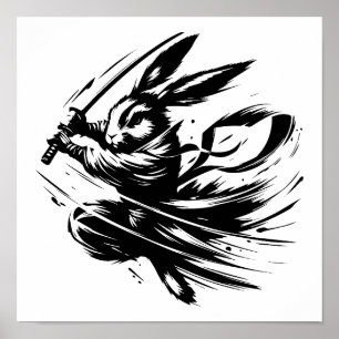 Samurai Bunny Black Ink Warrior Rabbit Poster
