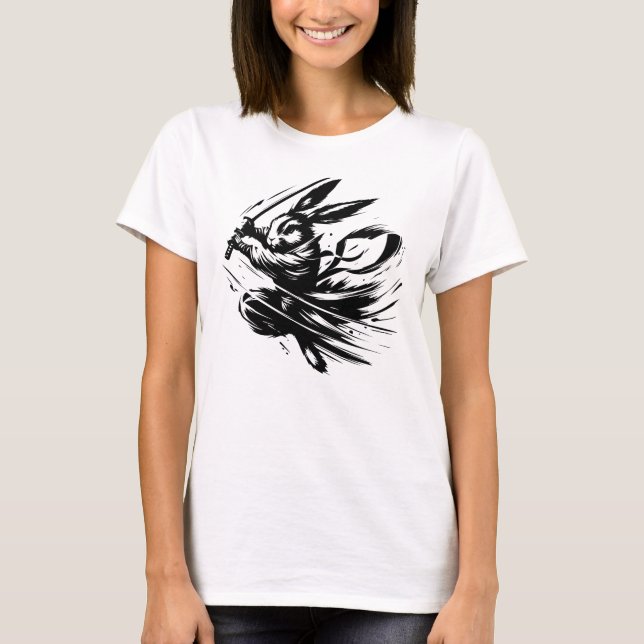 Samurai Bunny Black Ink Warrior Rabbit T-Shirt (Front)