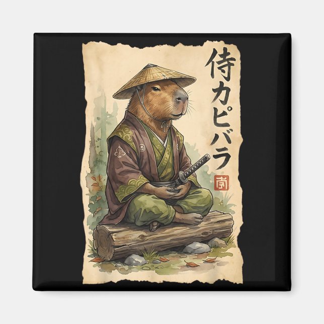 Samurai Capybara Japanese Art Vintage Graphic Funn Magnet (Front)