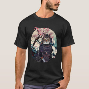 Samurai Cat Art Retro Japanese style Cherry Blosso T-Shirt