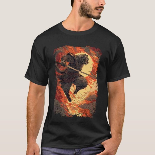 Samurai Cat - Fiery Ninja Jump T-Shirt (Front)