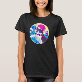 Samurai Cat Great Wave Japanese Vaporwave Retro Ae T-Shirt